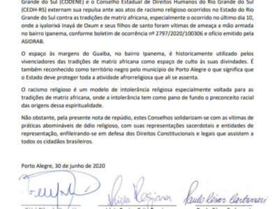 Nota externa repulsa ante atos de racismo religioso ocorridos no RS